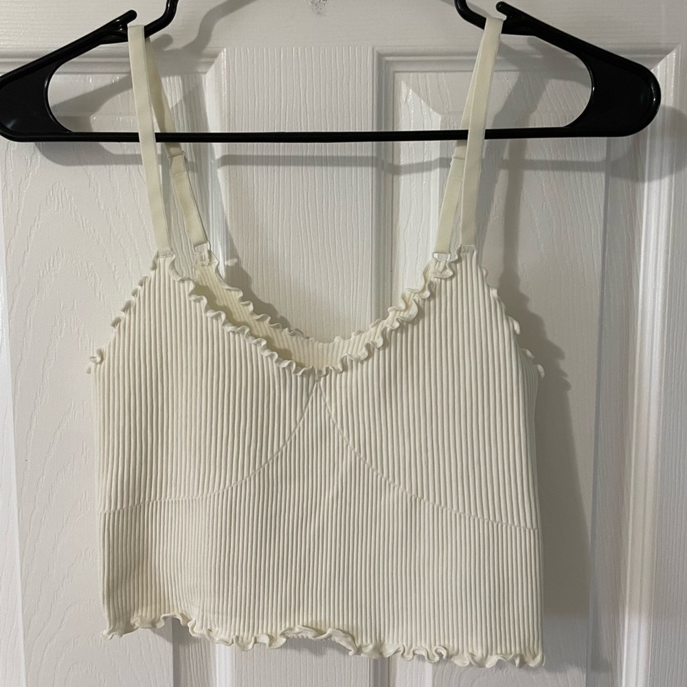 Aerie Ribbed Cropped Tank with Ruffled Hem - Cream